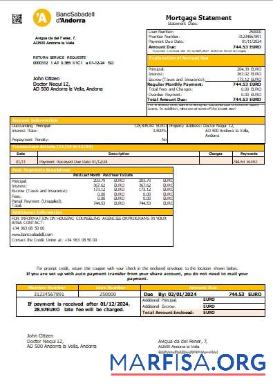 Realistic Andorra BancSabadell d’Andorra bank mortgage statement scr sample